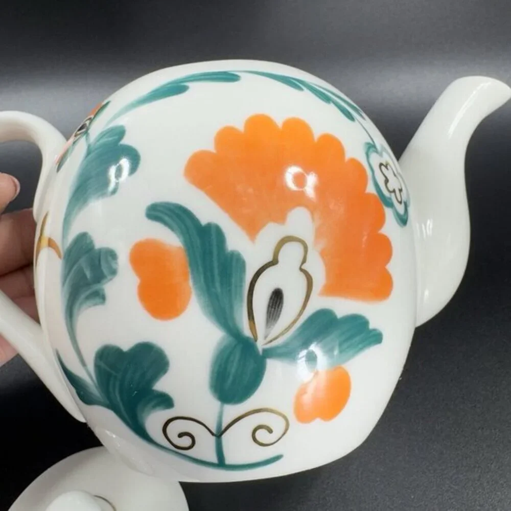 Anthropologie Stoneware‎ Ceramic Teapot Carafe Tea Pot With Green Orange Flowers
